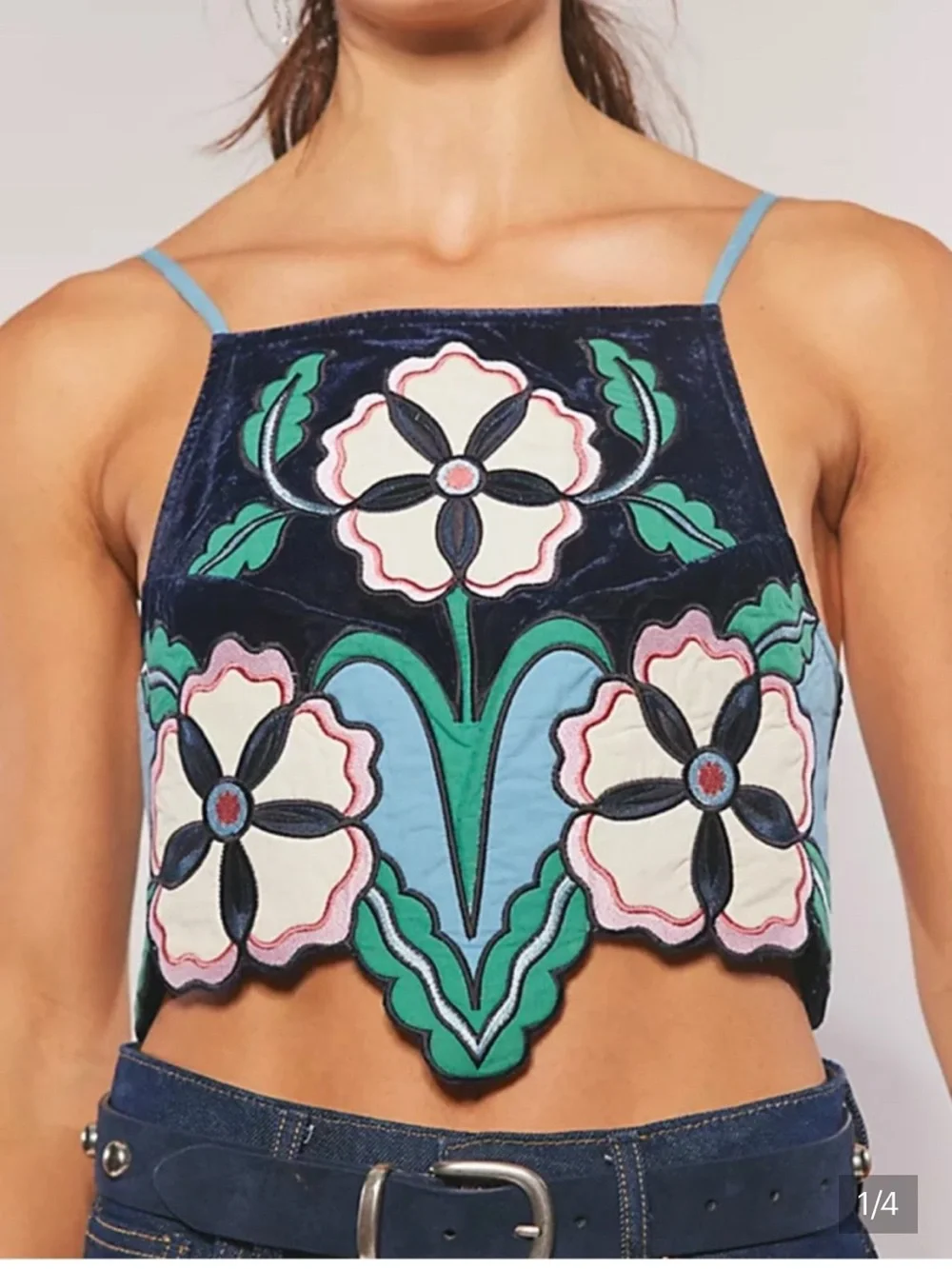 Free People Velvet Embroidered Floral Crop Top in Navy, Light Blue and Green